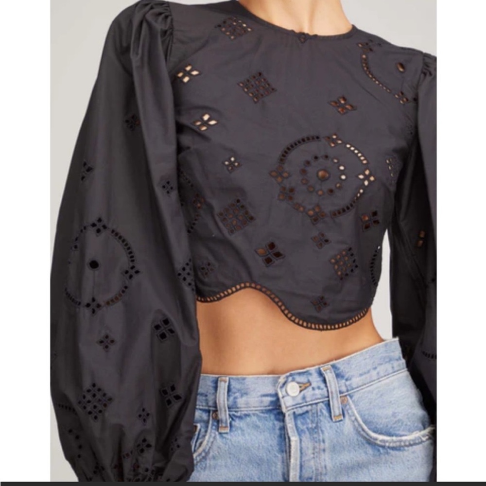 NWT GANNI Cropped broderie anglaise cotton blouse Sz 32.Equivalent toUS XXS or 0 - Picture 6 of 13